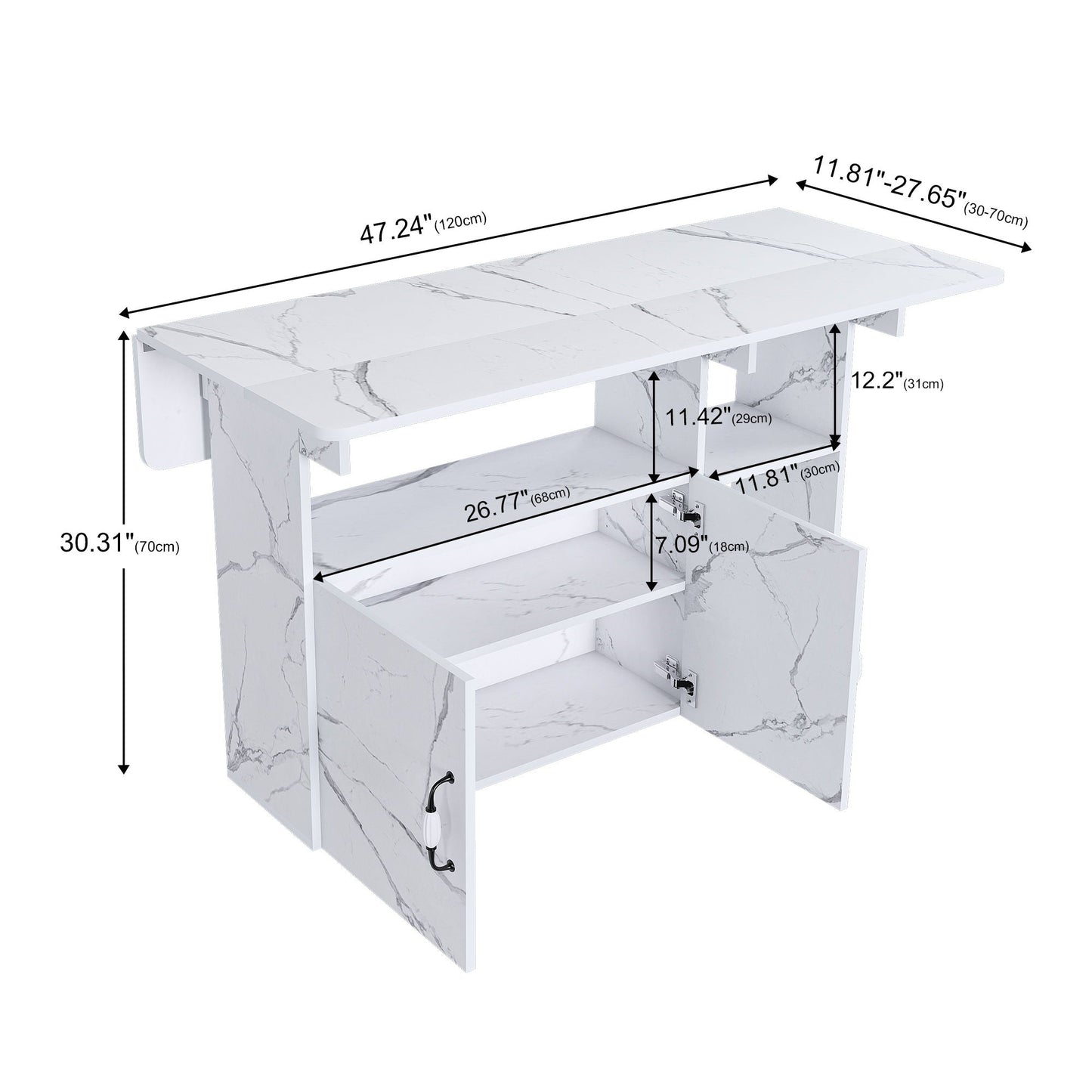 HouseOfZazla white marble top island with storage shelves and cabinet doors on Tampa Home & Garden Store