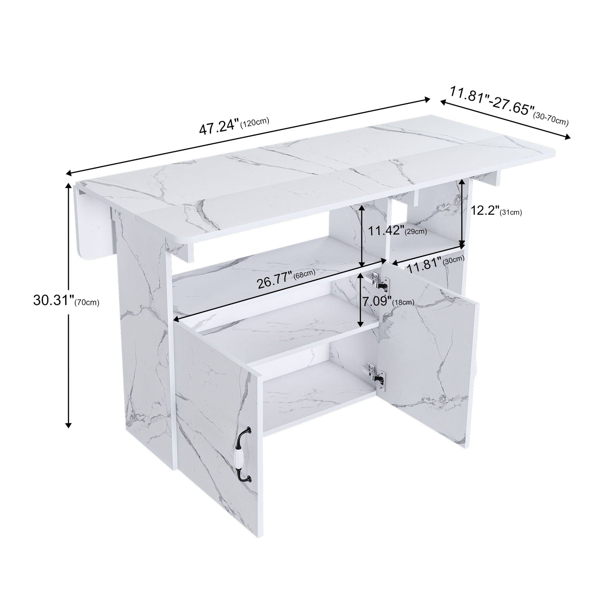 HouseOfZazla white marble top island with storage shelves and cabinet doors on Tampa Home & Garden Store
