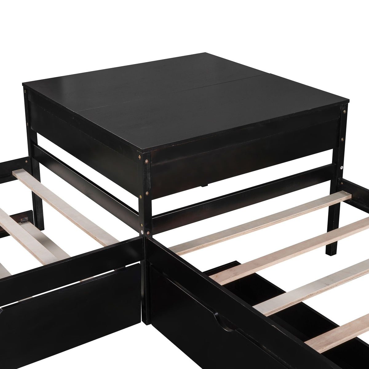 L-shaped black platform bed frame with light wood slats and metal supports on Tampa Home & Garden Store
