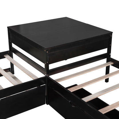 L-shaped black platform bed frame with light wood slats and metal supports on Tampa Home & Garden Store