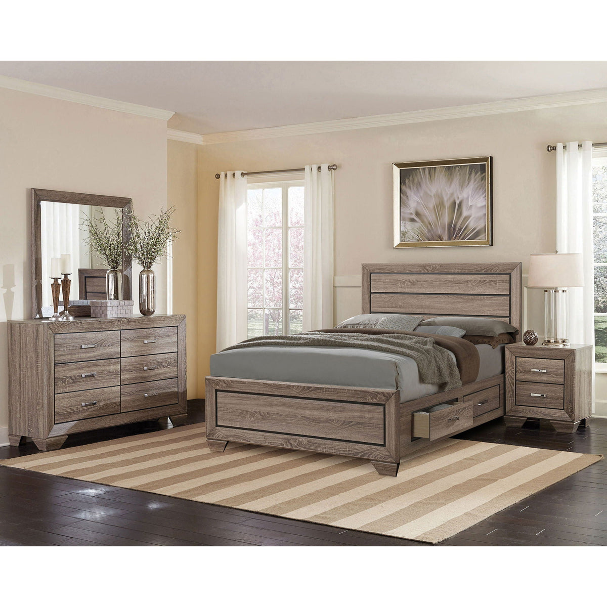 Oatfield Panel Bed in weathered oak with coordinating dresser and nightstand in neutral bedroom on Tampa Home & Garden Store