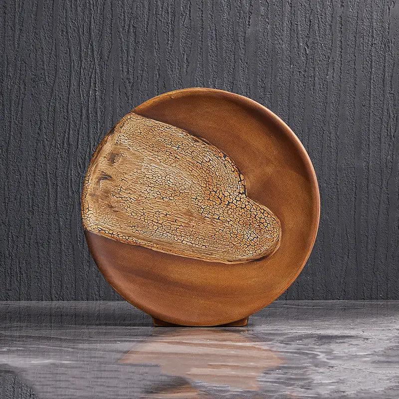 Wood grain ceramic flat vase with brown finish and crackle heart motif for flowers on Tampa Home & Garden Store