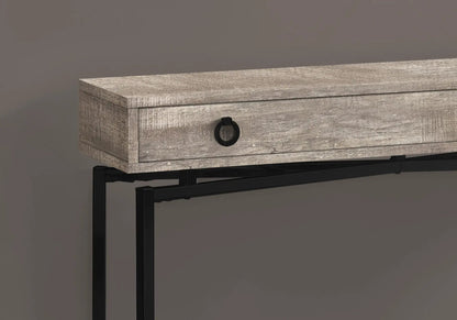 Accent console table in weathered gray wood with a storage drawer and black ring pull on Tampa Home & Garden Store