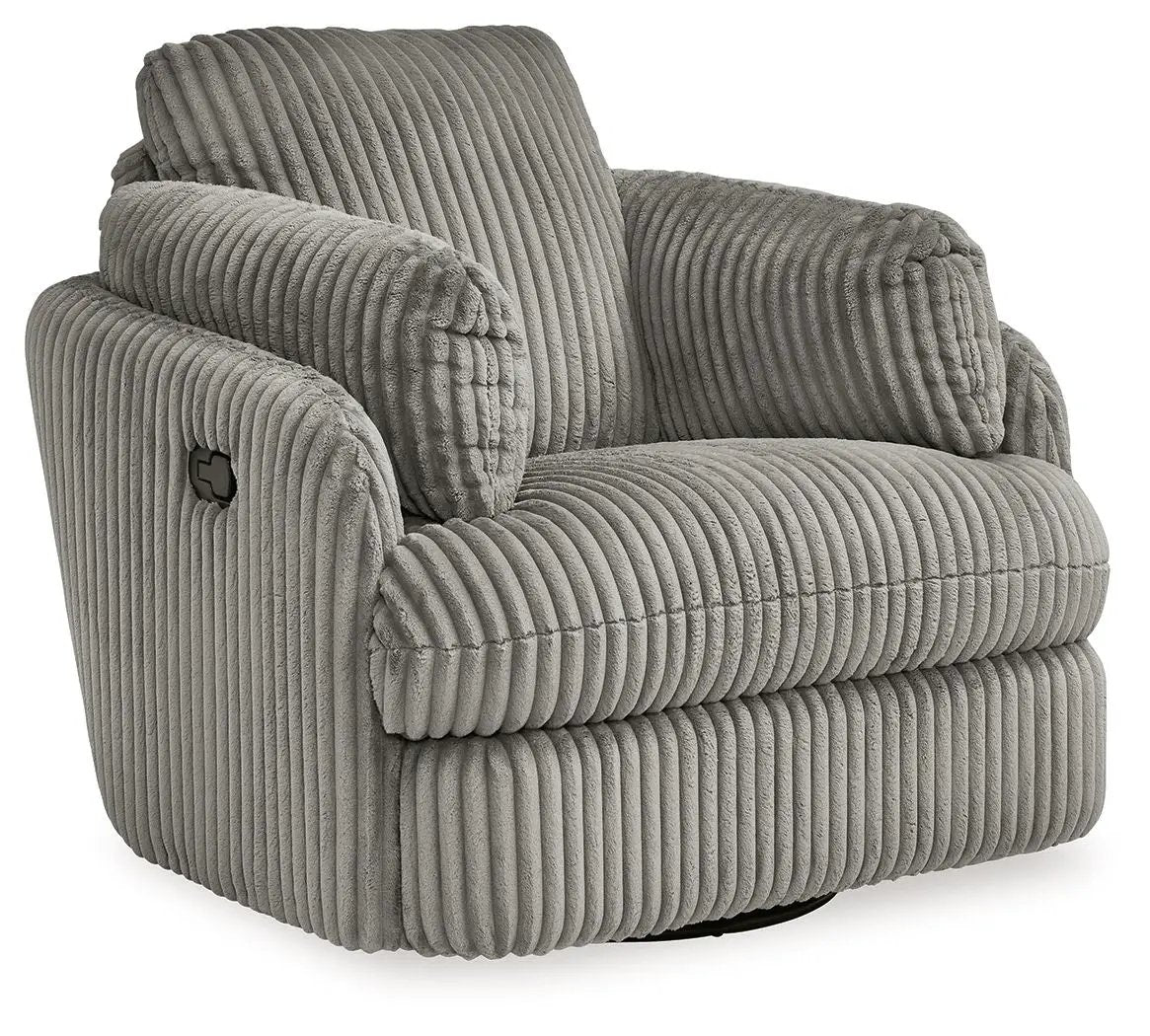 Tie-breaker Swivel Glider Recliner in gray corduroy with ribbed cushions and plush arms on Tampa Home & Garden Store