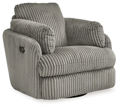 Tie-breaker Swivel Glider Recliner in gray corduroy with ribbed cushions and plush arms on Tampa Home & Garden Store