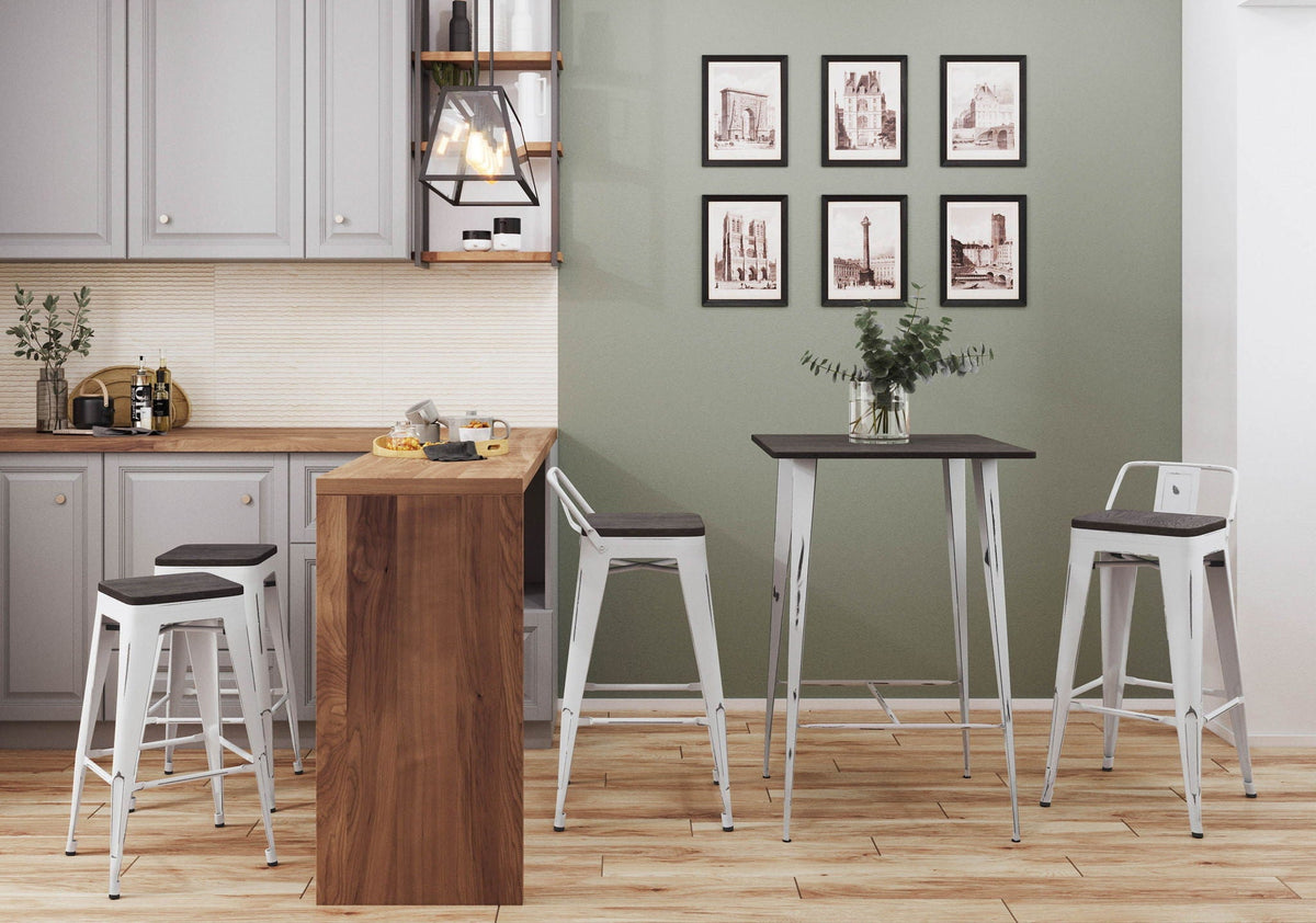 Contemporary stackable barstool set of 2 in white metal frames with dark wood seats on Tampa Home & Garden Store