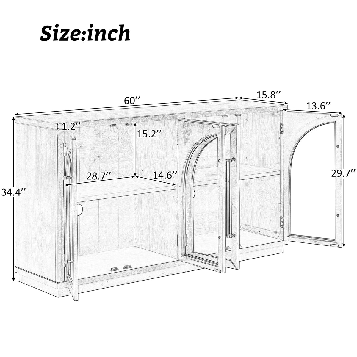 4-Door Large Storage Sideboard Buffet Cabinet with Glass Arched Doors, black finish on Tampa Home & Garden Store