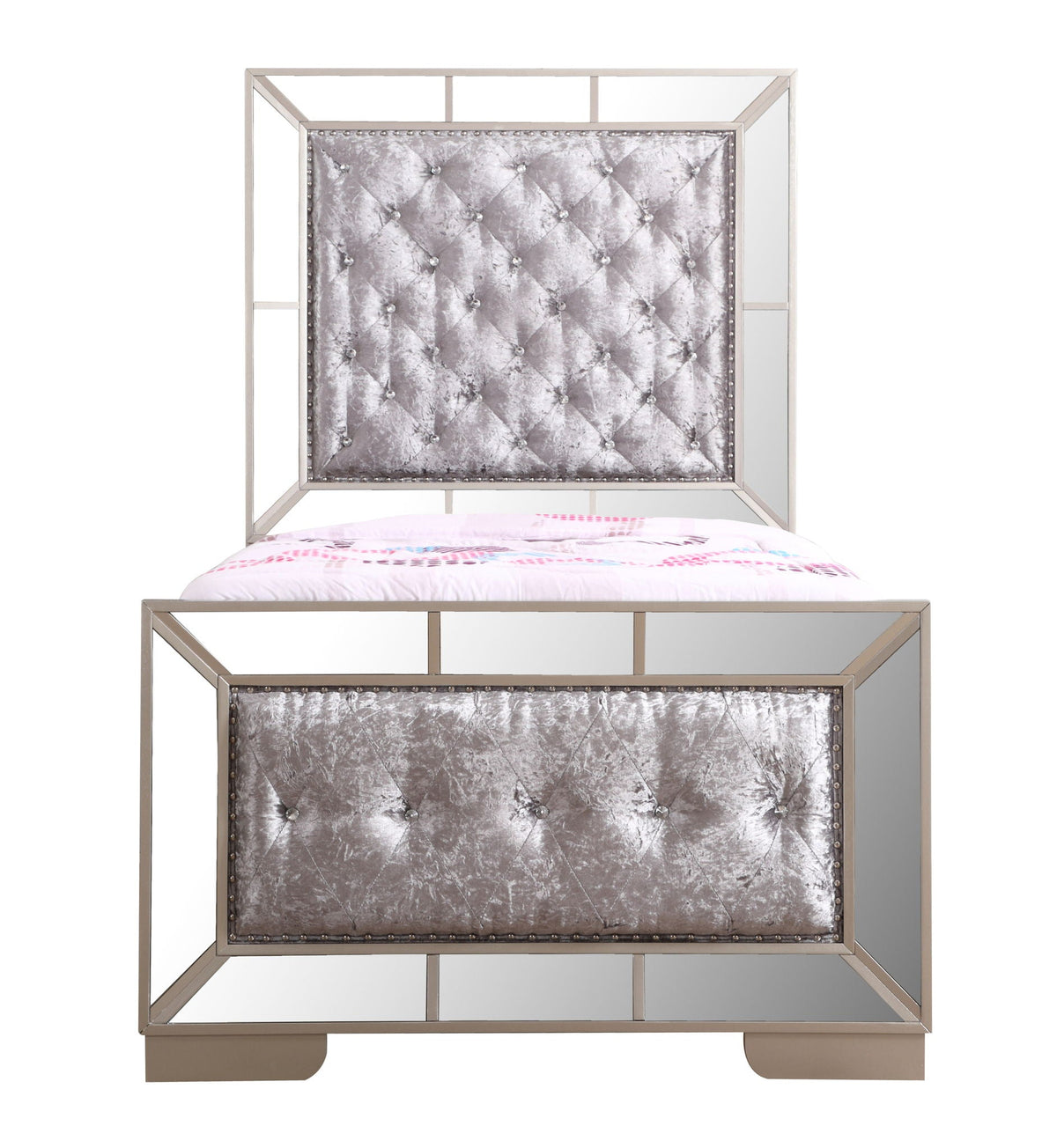 HouseOfZazla panel bed with silver tufted velvet headboard and mirrored frame on Tampa Home & Garden Store
