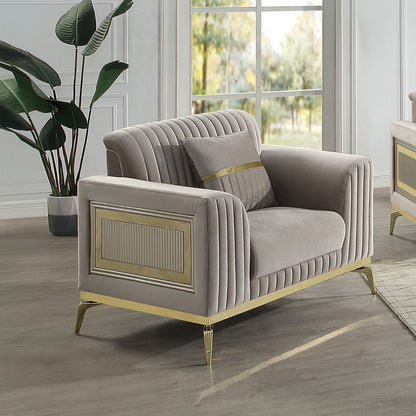 Antigua Arm Chair with Metal Frame, taupe fabric, gold legs HouseOfZazla on Tampa Home & Garden Store