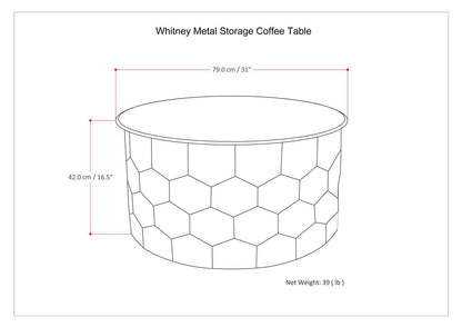 Round metal storage coffee table with removable top; hex panel sides, 31in dia, 39 lb on Tampa Home & Garden Store