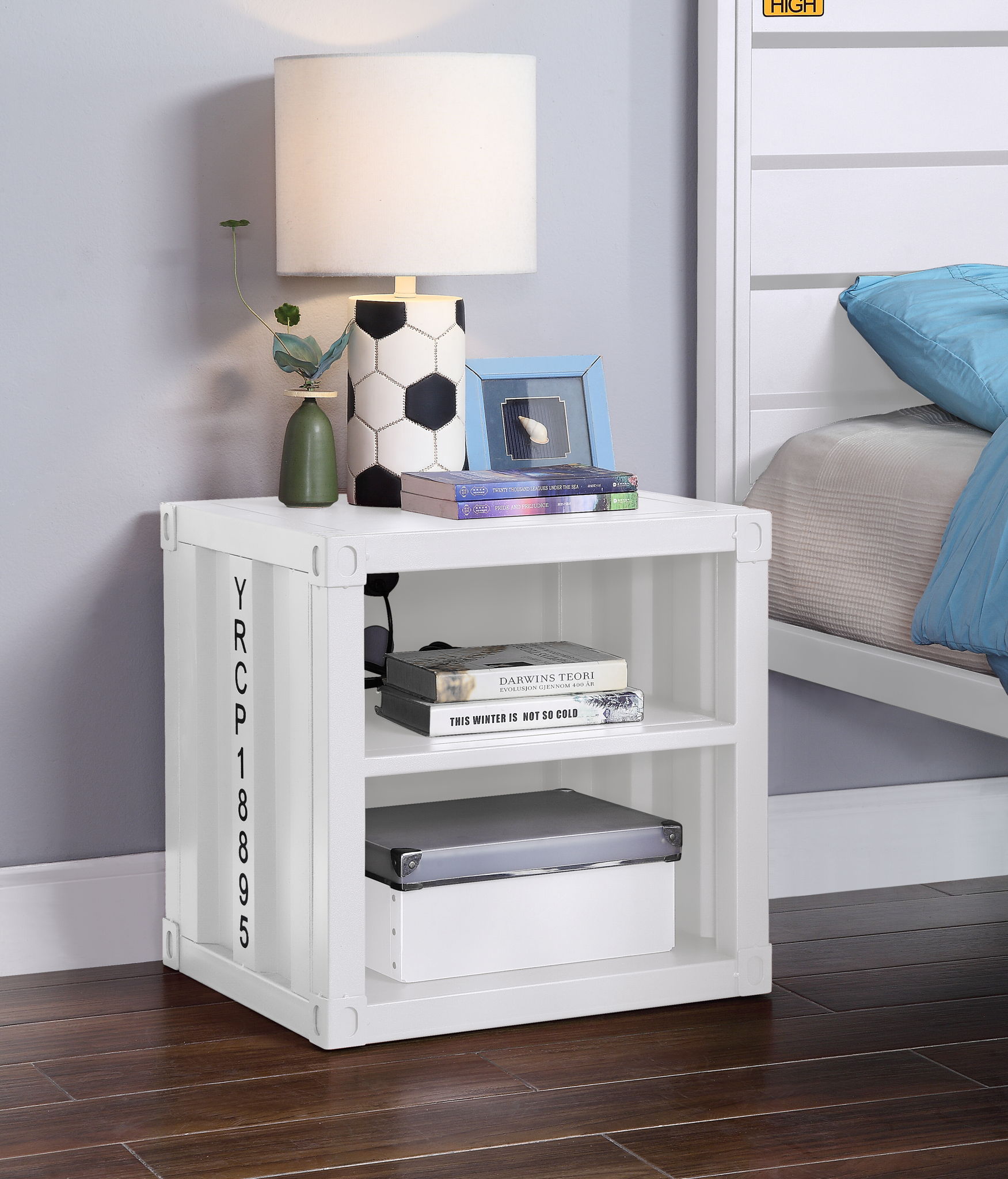 Cargo Nightstand With USB white crate-style accent table with lamp and decor beside bed on Tampa Home & Garden Store