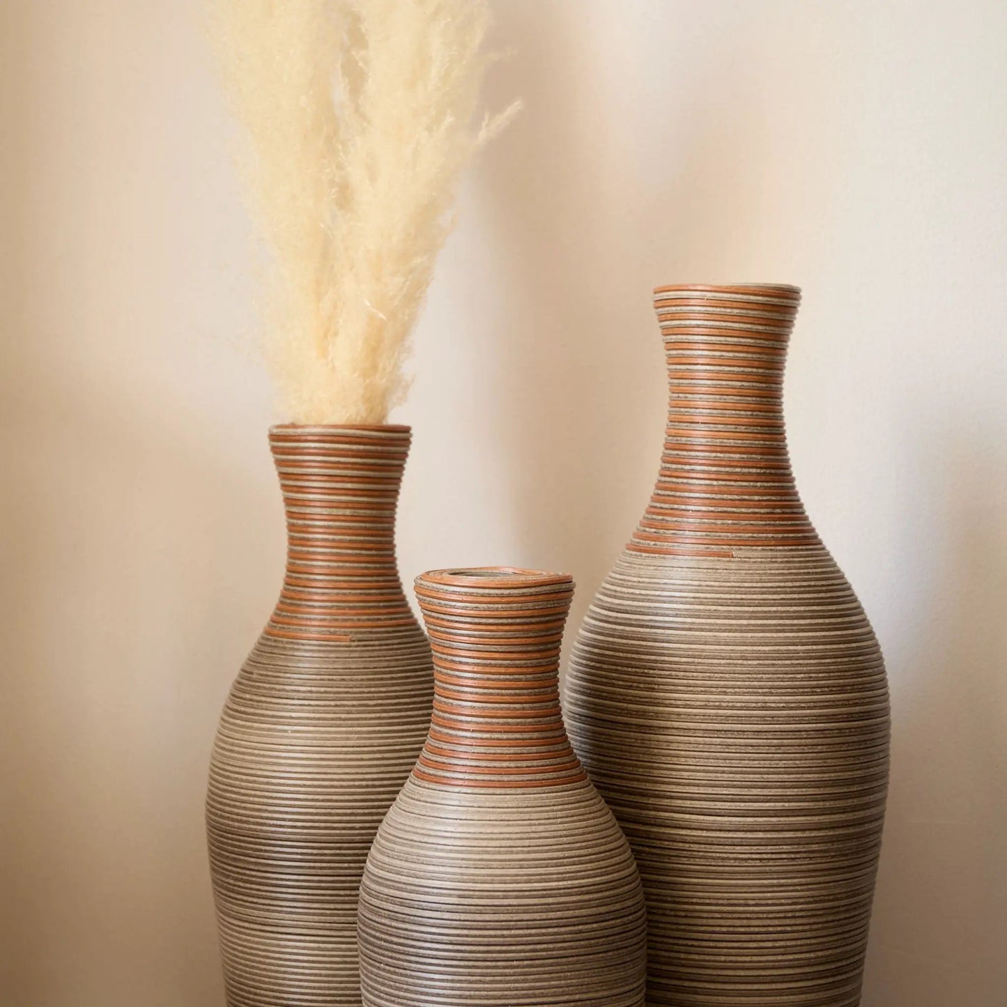 Set of 3 ribbed ceramic floor vases in brown cream tones by Unique Piece Furniture on Tampa Home & Garden Store