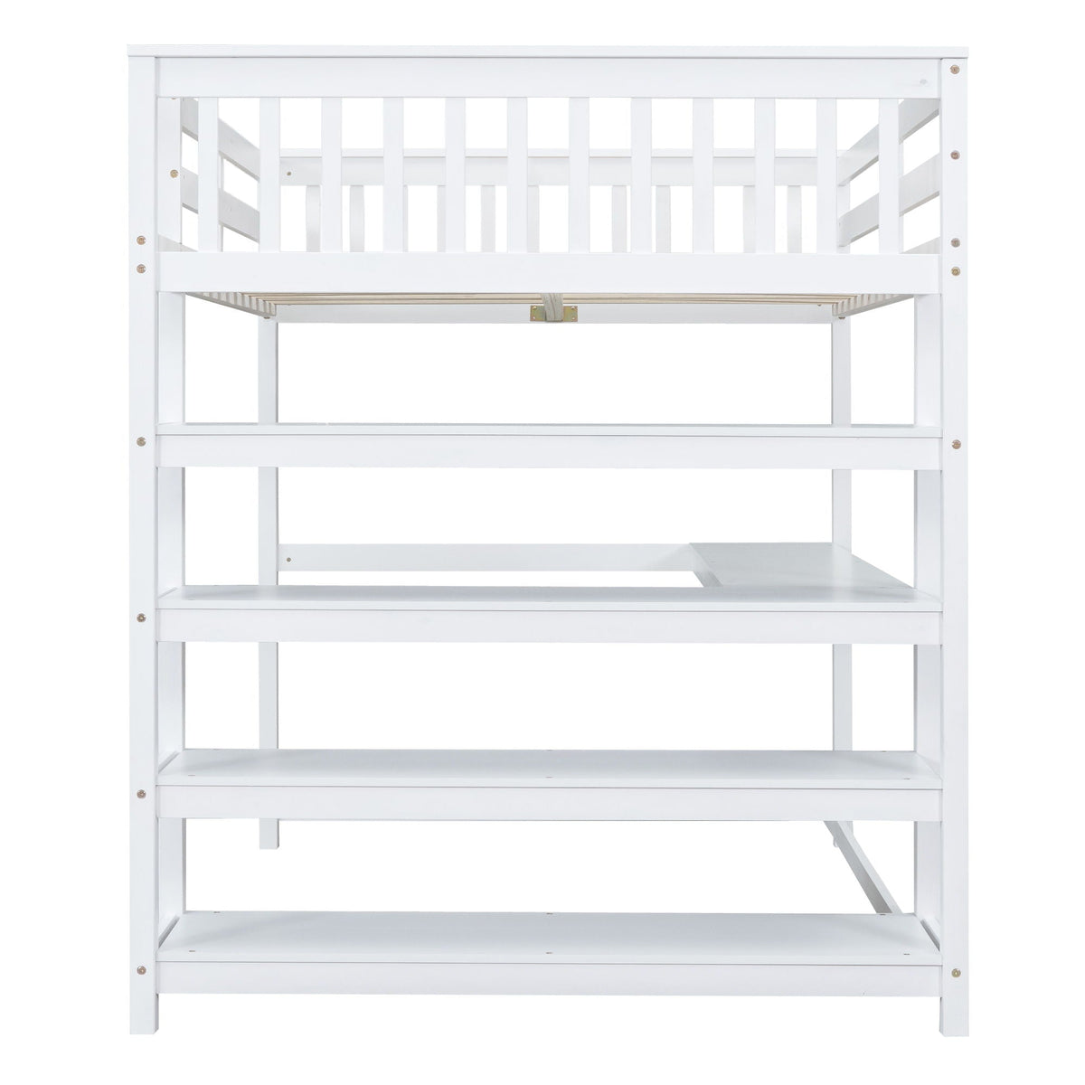 White loft bed frame with built-in storage shelves and under-bed desk, wooden slat platform on Tampa Home & Garden Store