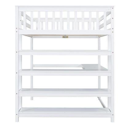White loft bed frame with built-in storage shelves and under-bed desk, wooden slat platform on Tampa Home & Garden Store