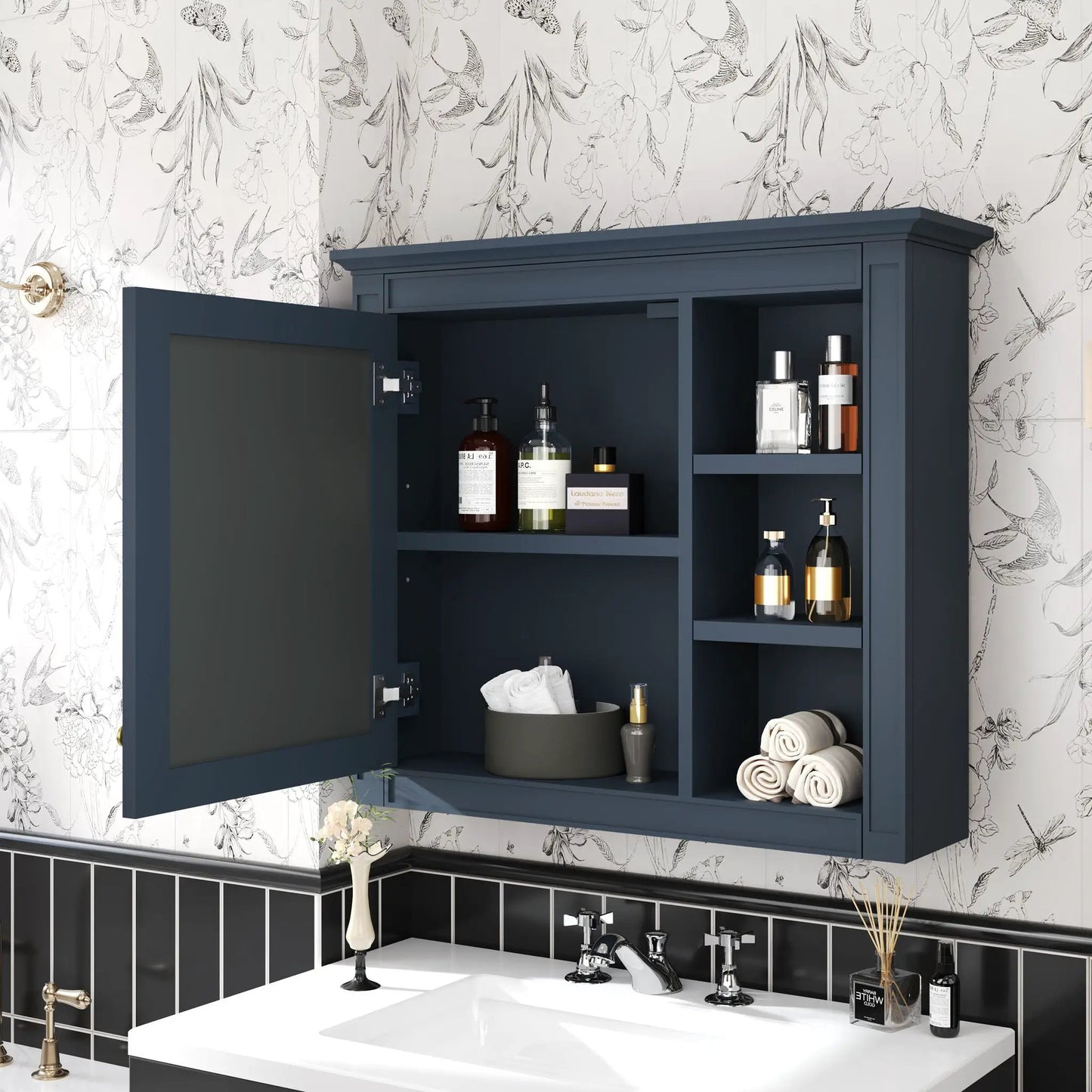 Wall Mounted Cabinet With Mirror and Open Shelves