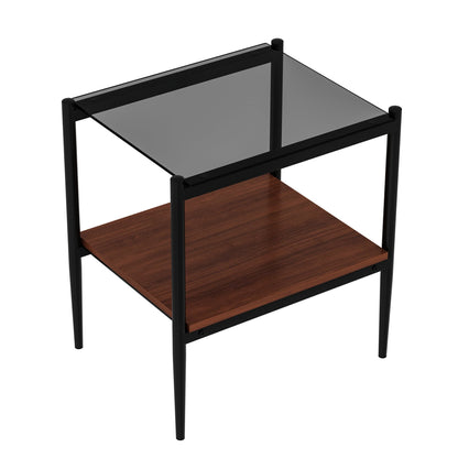 Set of 2 rectangle end tables with gray glass tops, black metal frame, wood lower shelf on Tampa Home & Garden Store