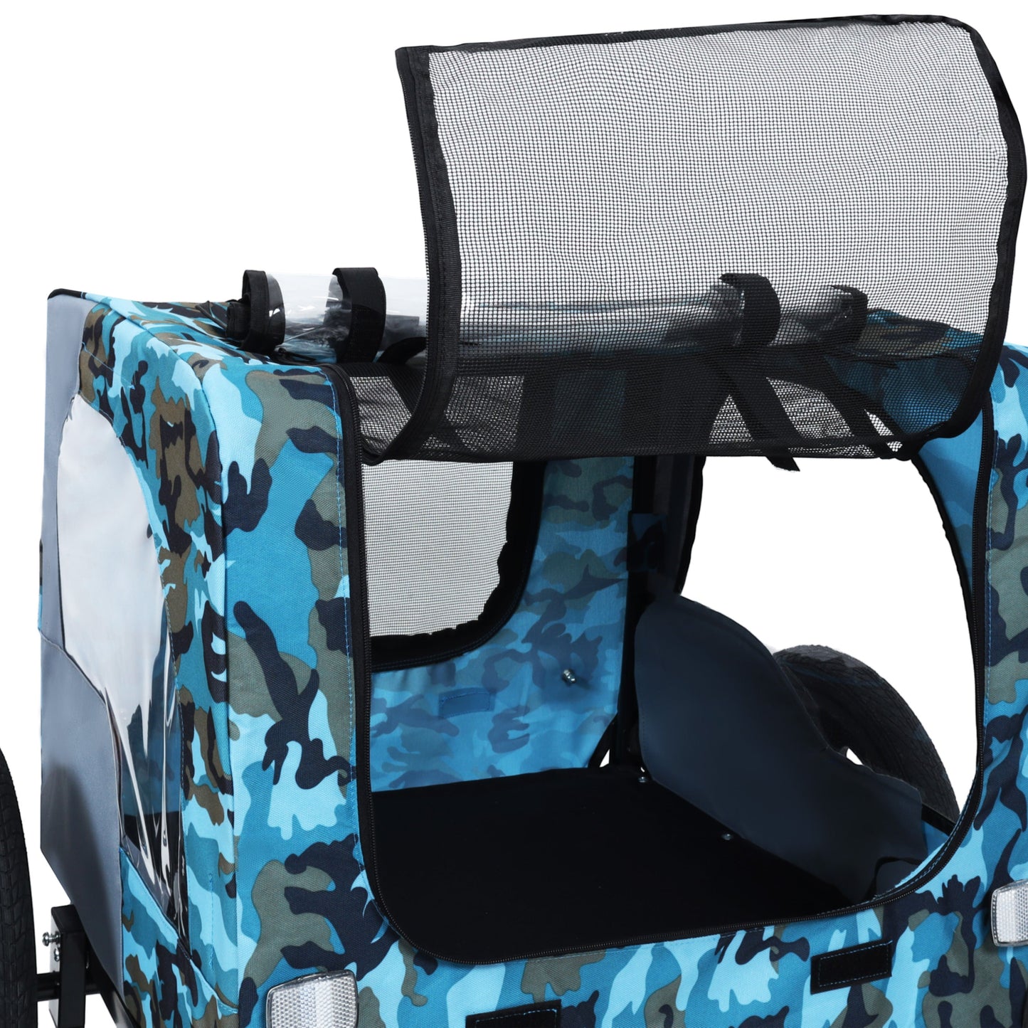 Outdoor Pet Bike Trailer with 16-Inch Wheels in blue camouflage fabric mesh canopy on Tampa Home & Garden Store