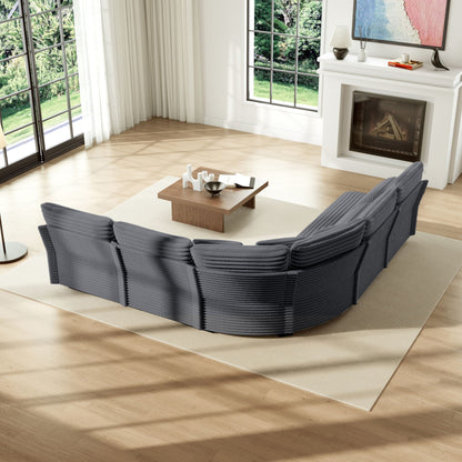 5 Seater L Shaped Sectional Sofa gray fabric curved corner around a coffee table in living room on Tampa Home & Garden Store