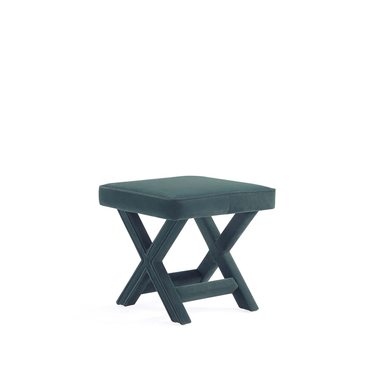 Accent bench teal upholstered with piped cushion and solid wood X-frame legs on Tampa Home & Garden Store