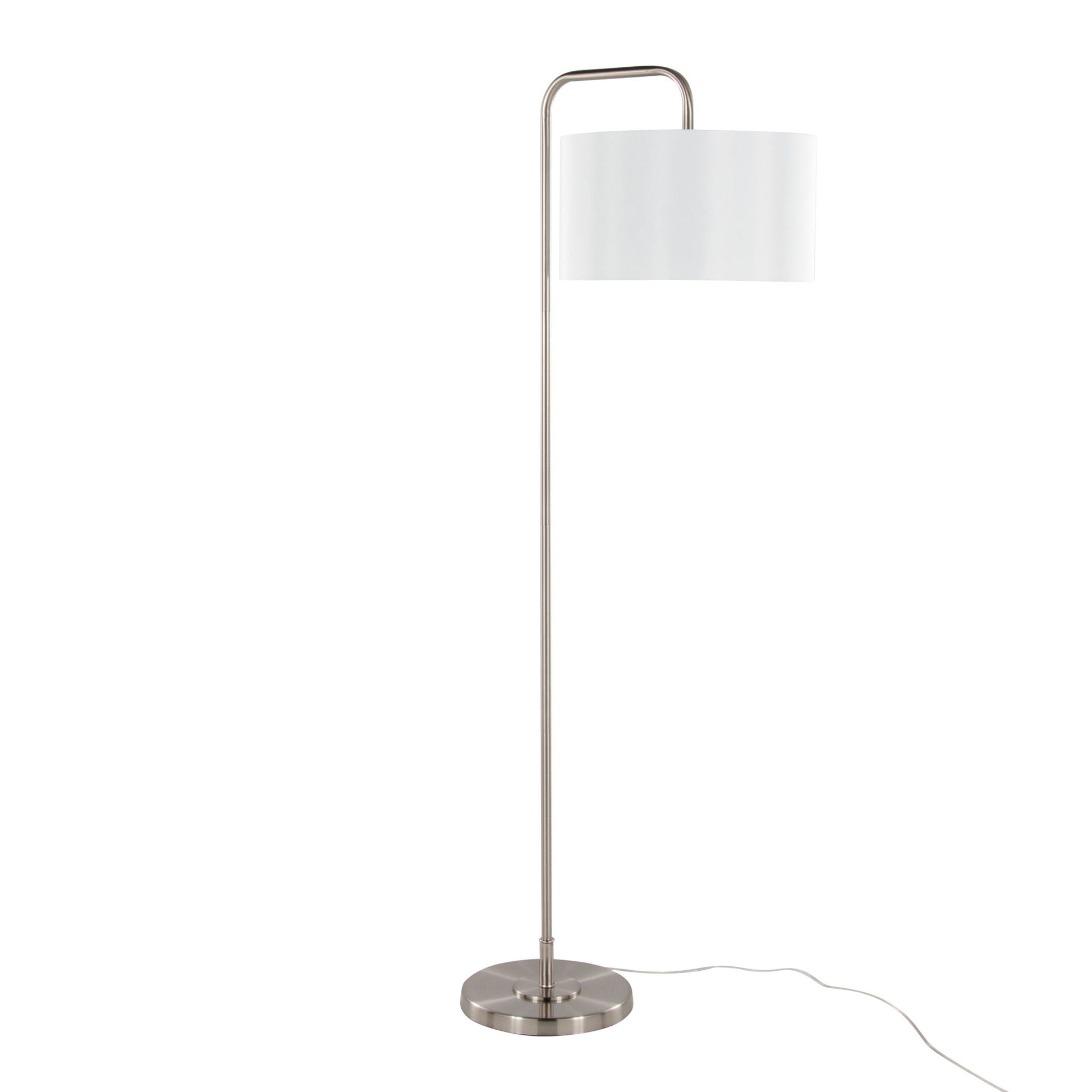 Puck floor lamp by HouseOfZazla with curved metal stem and white drum shade on Tampa Home & Garden Store