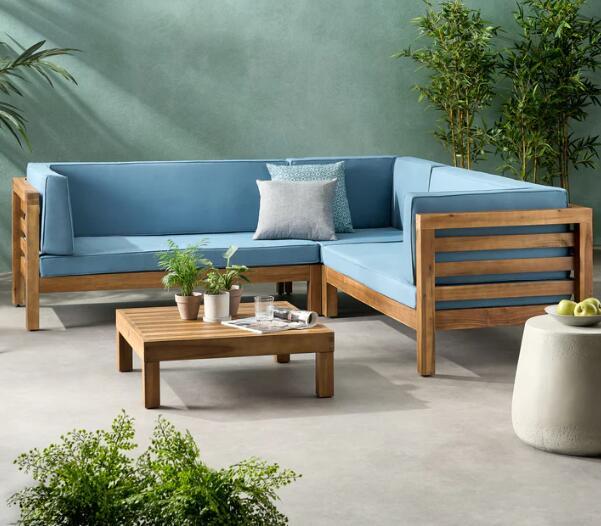 Oana outdoor wooden sectional set with blue cushions, L-shaped with coffee table, HouseOfZazla on Tampa Home & Garden Store