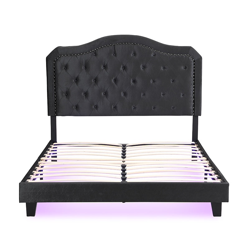 Queen upholstered bed with curved tufted black headboard, slatted base, LED glow, HouseOfZazla on Tampa Home & Garden Store