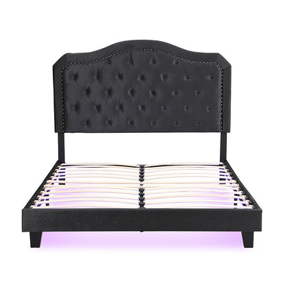 Queen upholstered bed with curved tufted black headboard, slatted base, LED glow, HouseOfZazla on Tampa Home & Garden Store