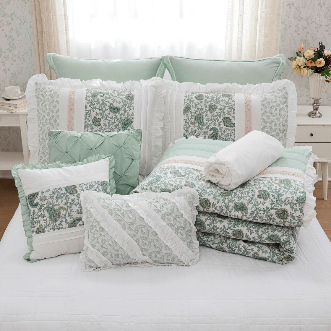 9 Piece Cotton Percale Comforter Set Aqua by HouseOfZazla with quilted pattern on Tampa Home & Garden Store