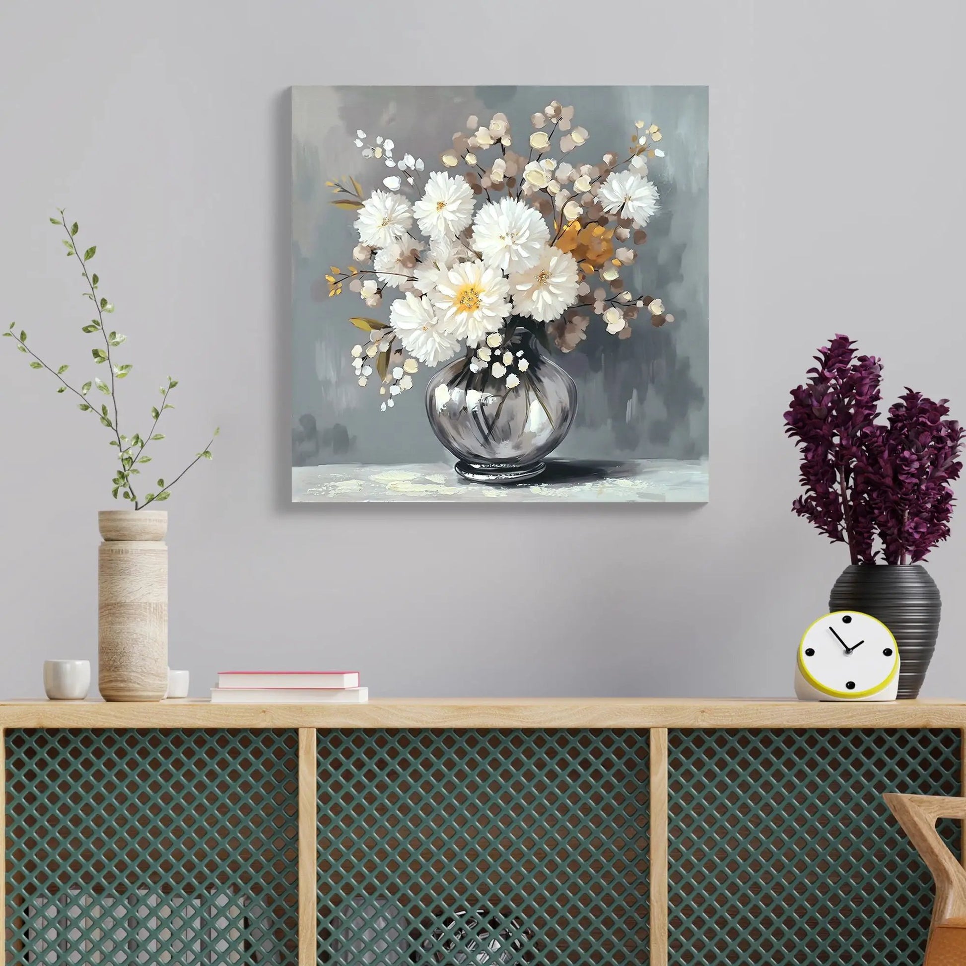 Chrysanthemum vase canvas art with white blossoms in glass vase on stone gray backdrop on Tampa Home & Garden Store