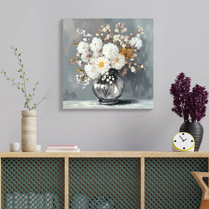 Chrysanthemum vase canvas art with white blossoms in glass vase on stone gray backdrop on Tampa Home & Garden Store