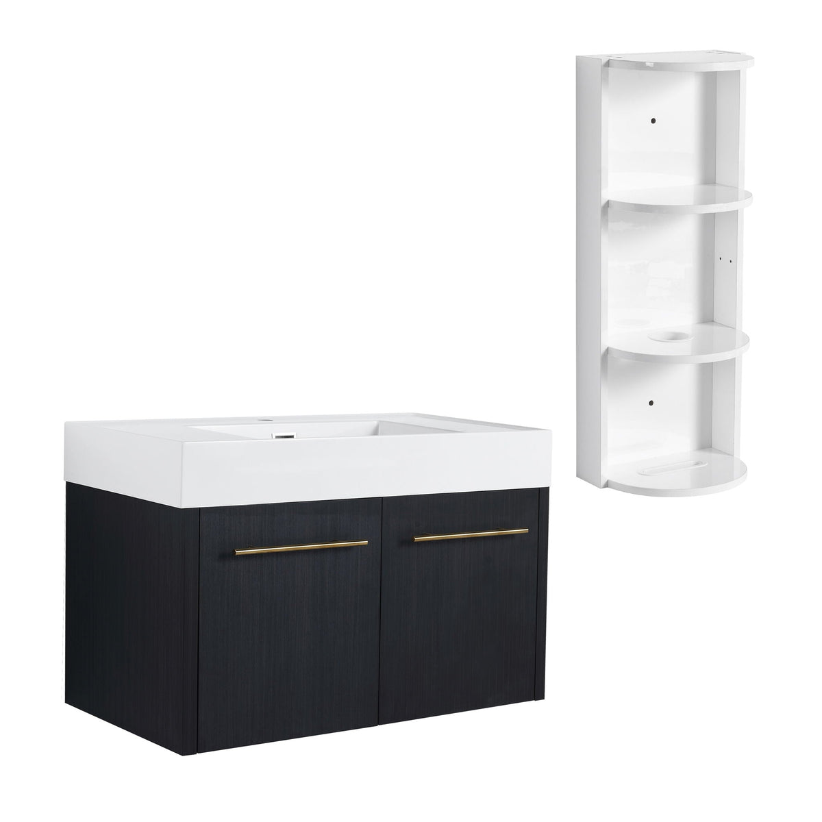 Modern wall mounted bathroom vanity with resin sink and white storage rack on Tampa Home & Garden Store