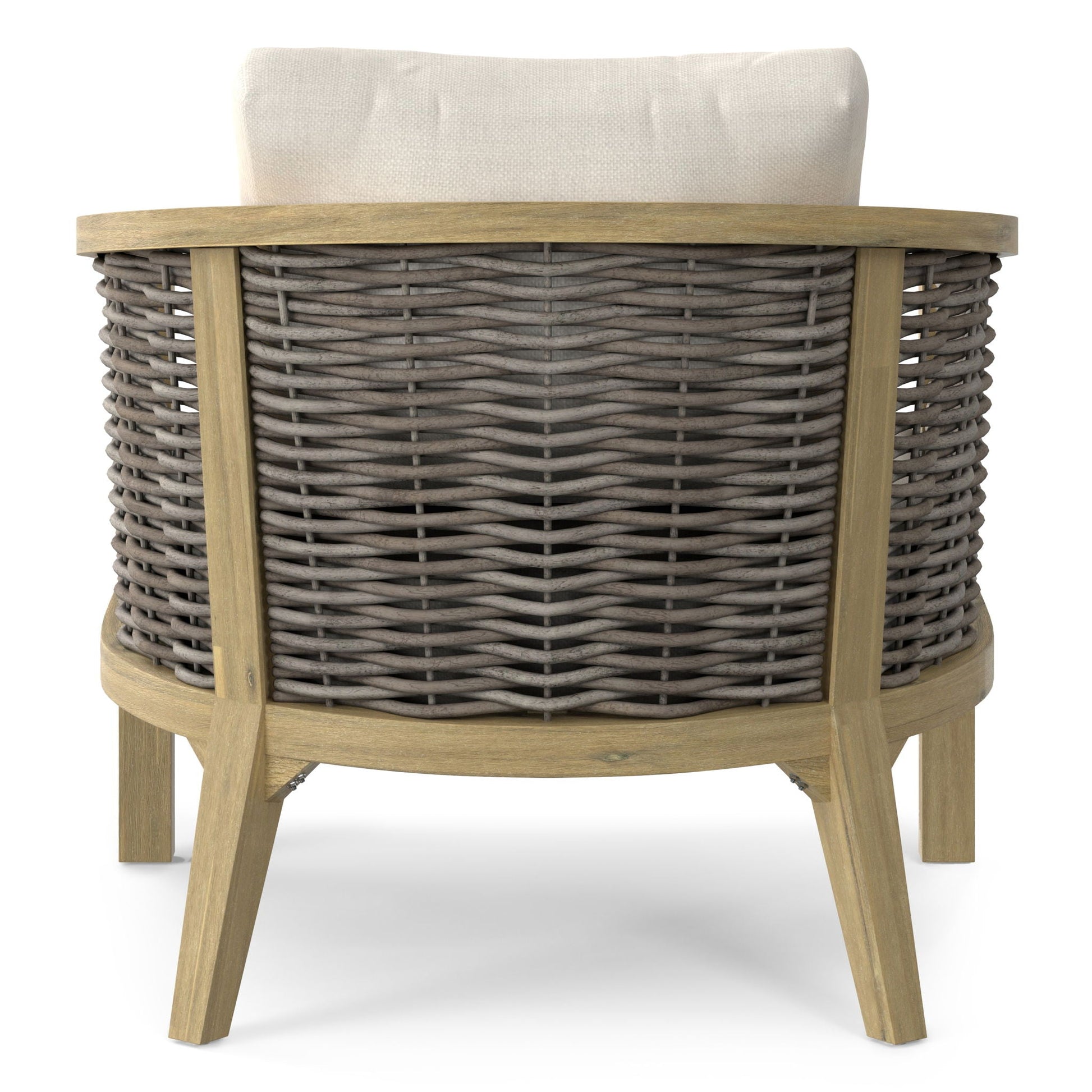 Parkside outdoor conversation chair with natural wood frame, beige cushion and gray wicker on Tampa Home & Garden Store