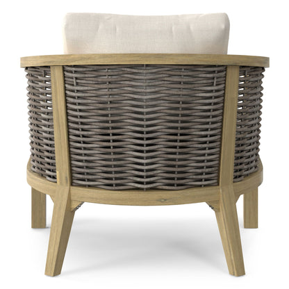 Parkside outdoor conversation chair with natural wood frame, beige cushion and gray wicker on Tampa Home & Garden Store