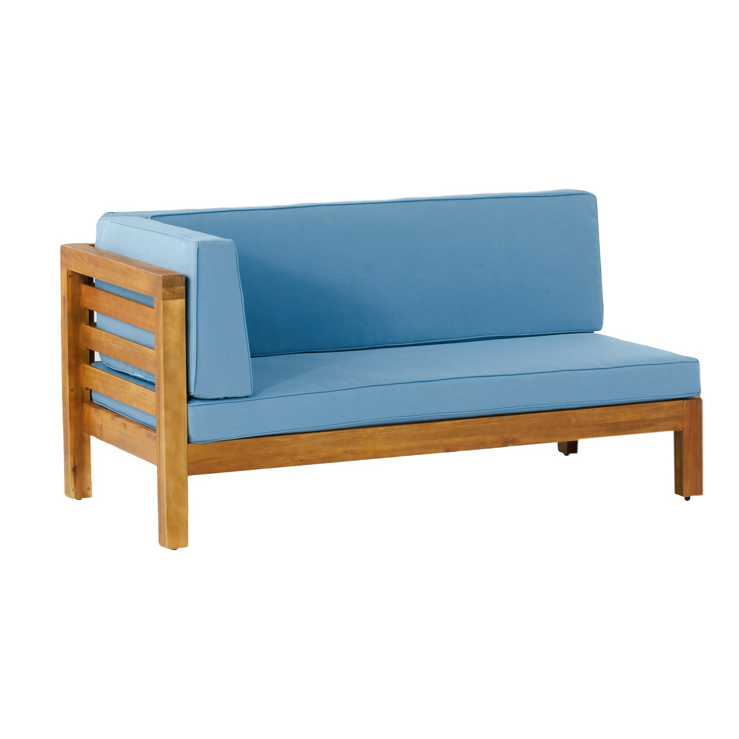 Oana outdoor wooden sectional sofa with blue cushions on Tampa Home & Garden Store