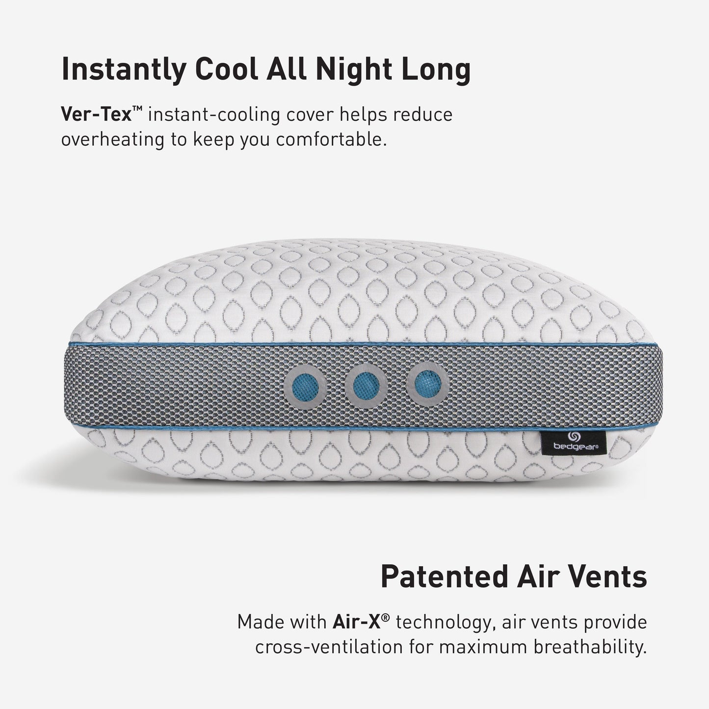 BedGear Frost Performance Pillow cooling pillow with white quilt cover and blue vent band on Tampa Home & Garden Store
