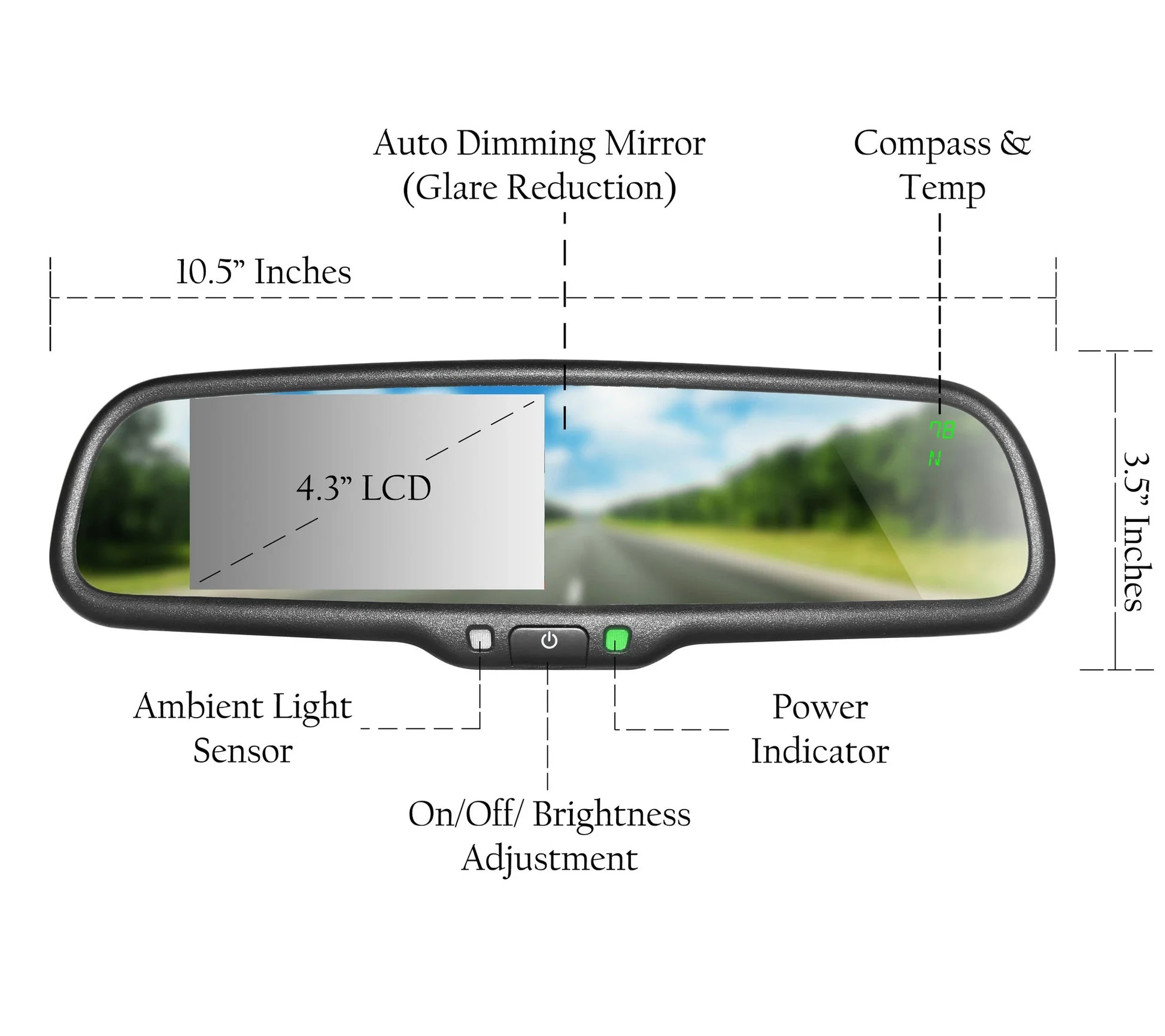 Master Tailgaters rear view mirror with 4.3-inch LCD, auto dimming, compass & temperature on Tampa Home & Garden Store