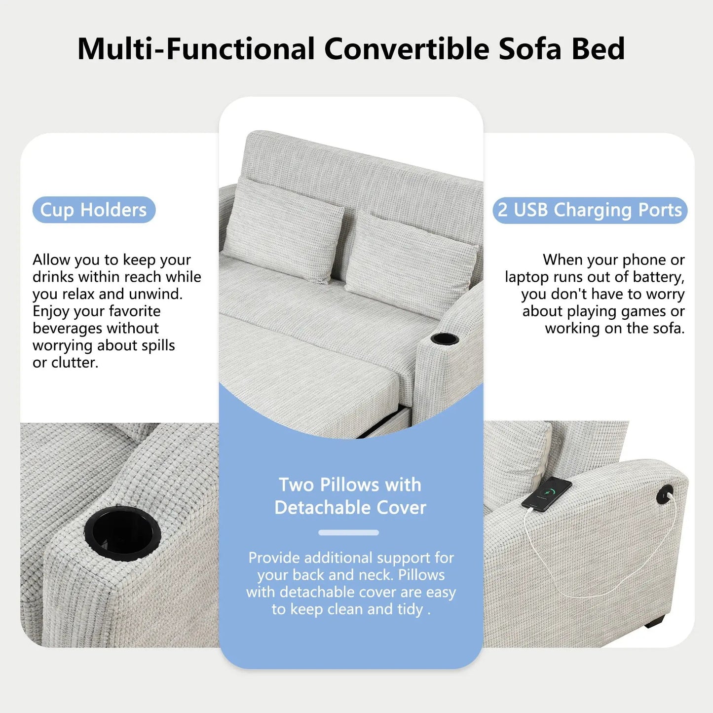 Pull Out Loveseat with Adjustable Backrest USB