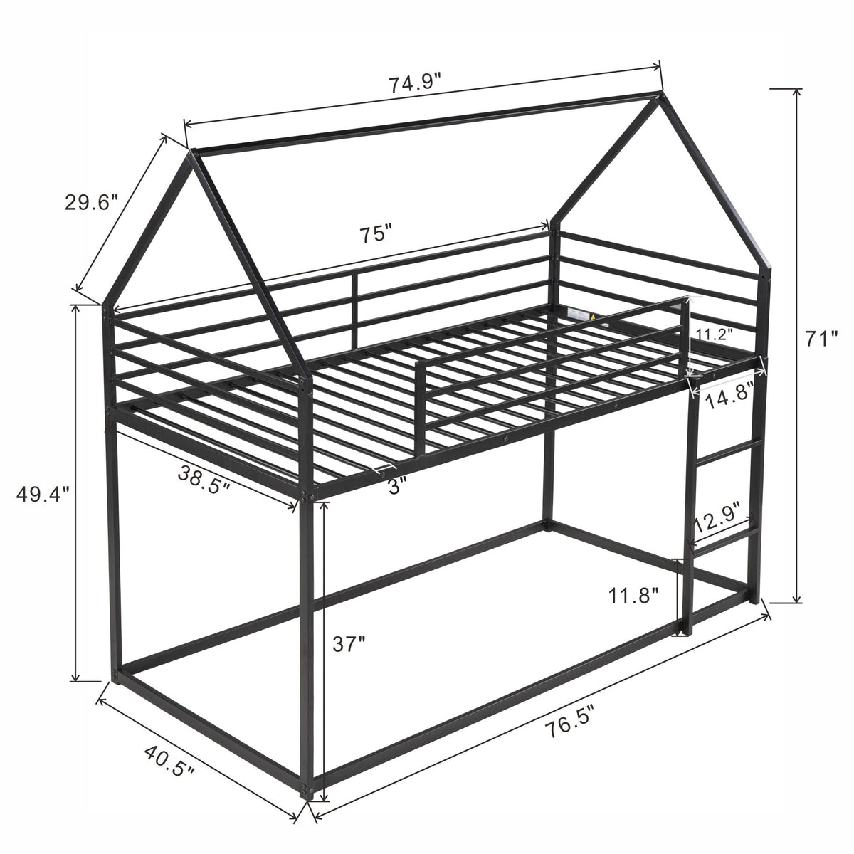 HouseOfZazla bunk bed with built-in ladder in black metal frame on Tampa Home & Garden Store