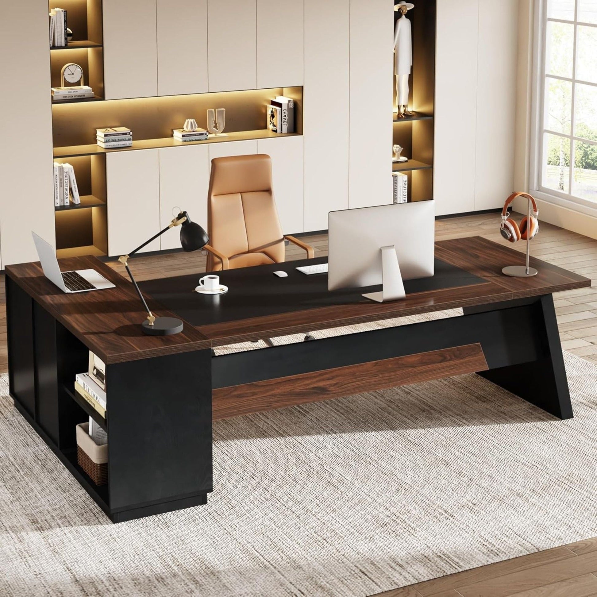L-shaped executive desk in dark wood with black base, drawers, tan leather chair, shelves on Tampa Home & Garden Store