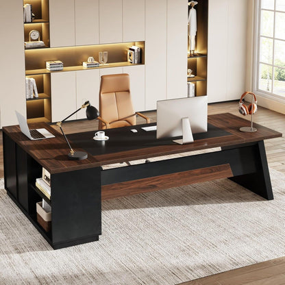 L-shaped executive desk in dark wood with black base, drawers, tan leather chair, shelves on Tampa Home & Garden Store