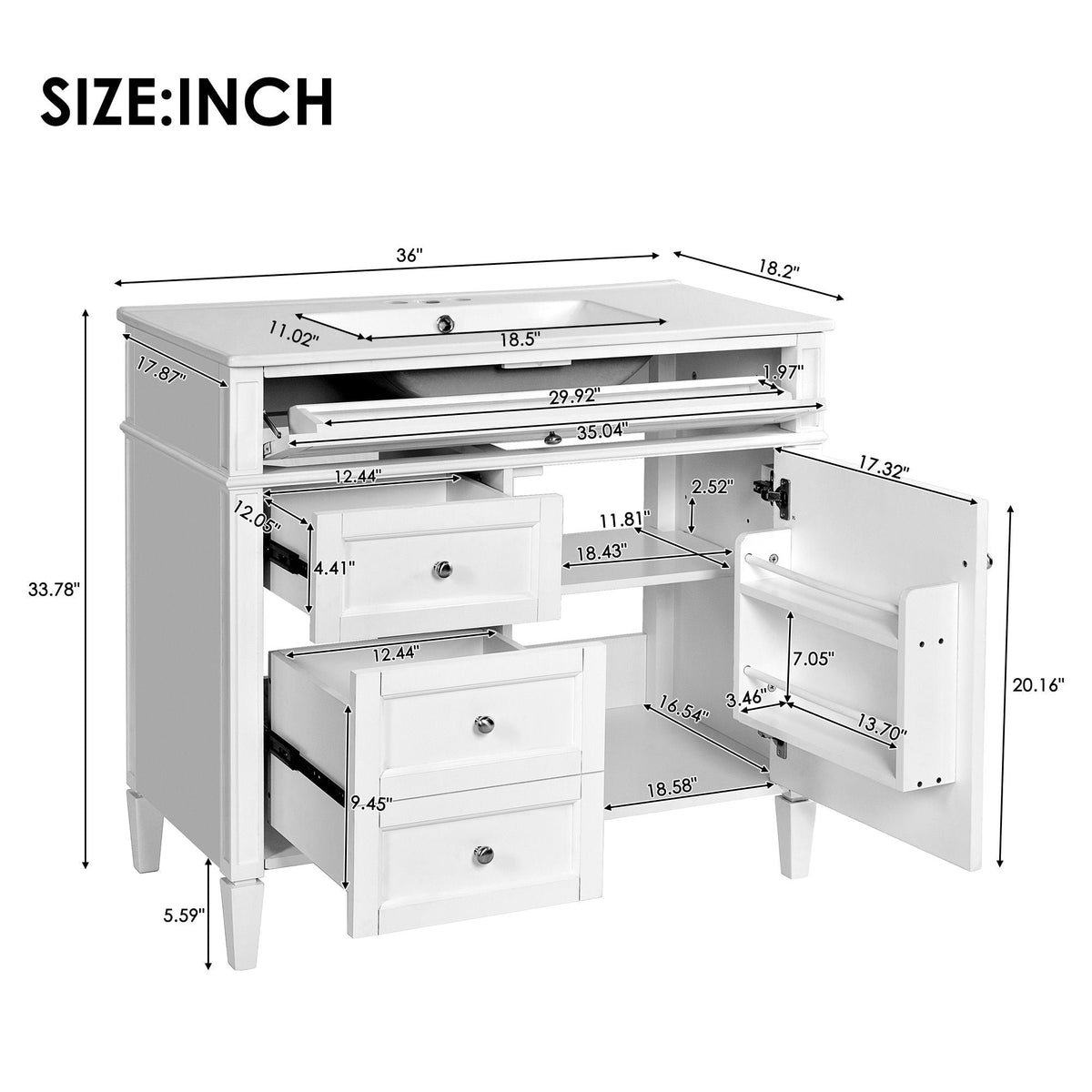 36-inch bathroom vanity with ceramic sink and storage drawers in multiple colors on Tampa Home & Garden Store