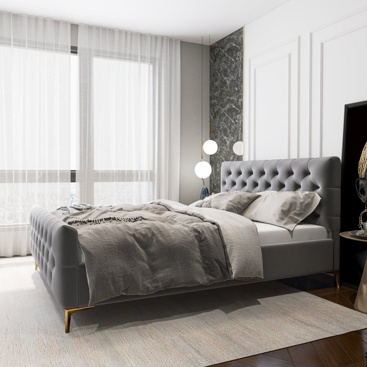 Elegant upholstered bed with solid wood frame in dark gray, tufted headboard, gold legs on Tampa Home & Garden Store