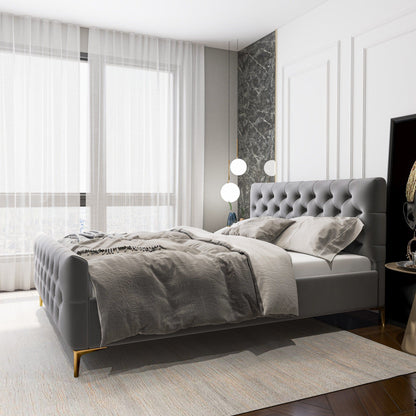 Elegant upholstered bed with solid wood frame in dark gray, tufted headboard, gold legs on Tampa Home & Garden Store