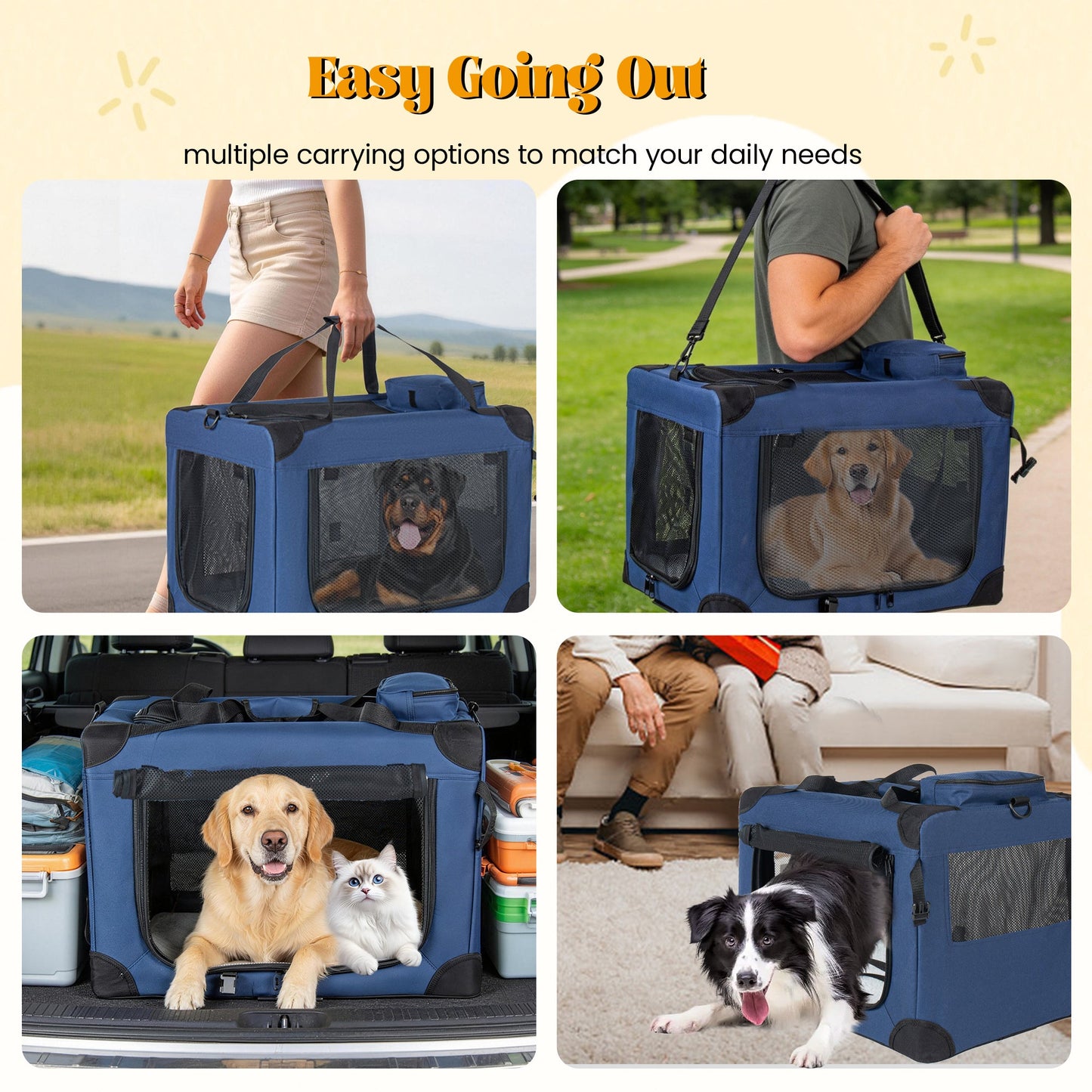 HouseOfZazla 40'' soft dog crate kennel with 3 doors, blue fabric and mesh panels, fleece mat on Tampa Home & Garden Store