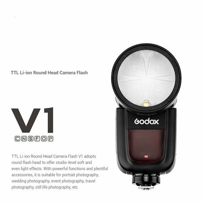 Godox V1 TTL Li-ion round-head camera flash, black body and circular head on Tampa Home & Garden Store