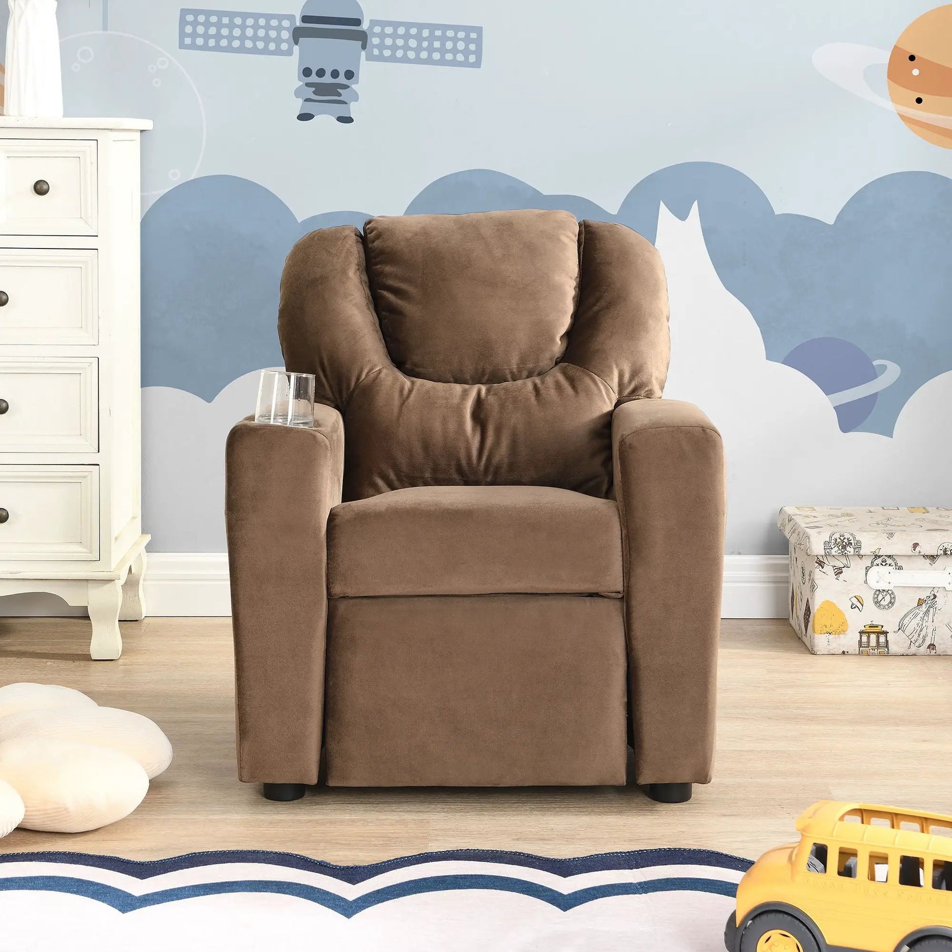 Kids recliner chair in brown upholstery with plush back and armrests in a playful room on Tampa Home & Garden Store