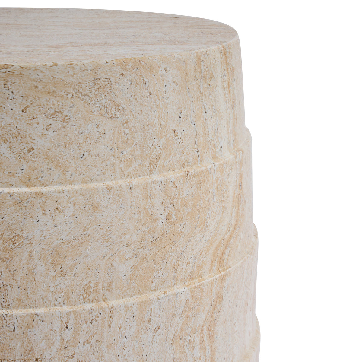 Travertine-look cylindrical outdoor side table by HouseOfZazla with ribbed texture, light beige on Tampa Home & Garden Store
