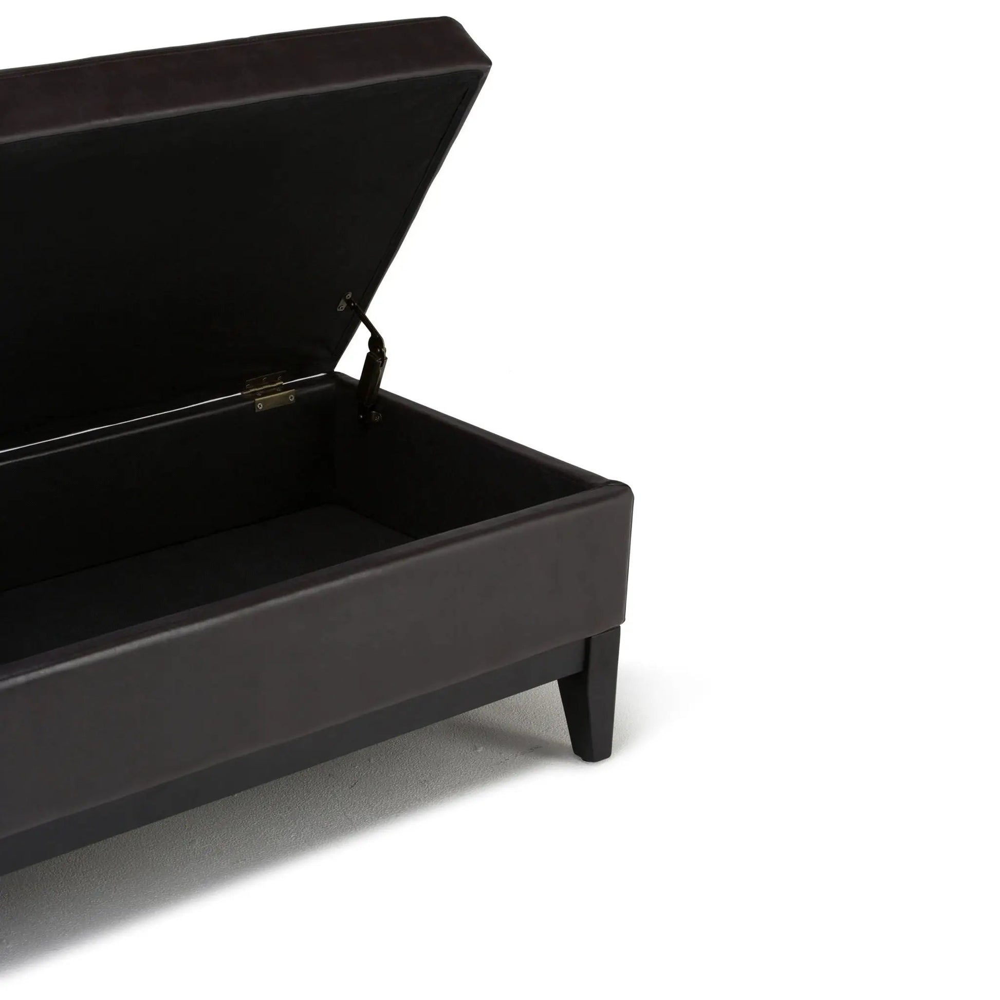Oregon Storage Ottoman Bench With Tray in black faux leather lid open to storage on Tampa Home & Garden Store