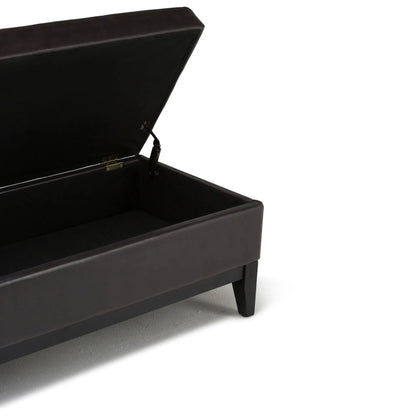 Oregon Storage Ottoman Bench With Tray in black faux leather lid open to storage on Tampa Home & Garden Store