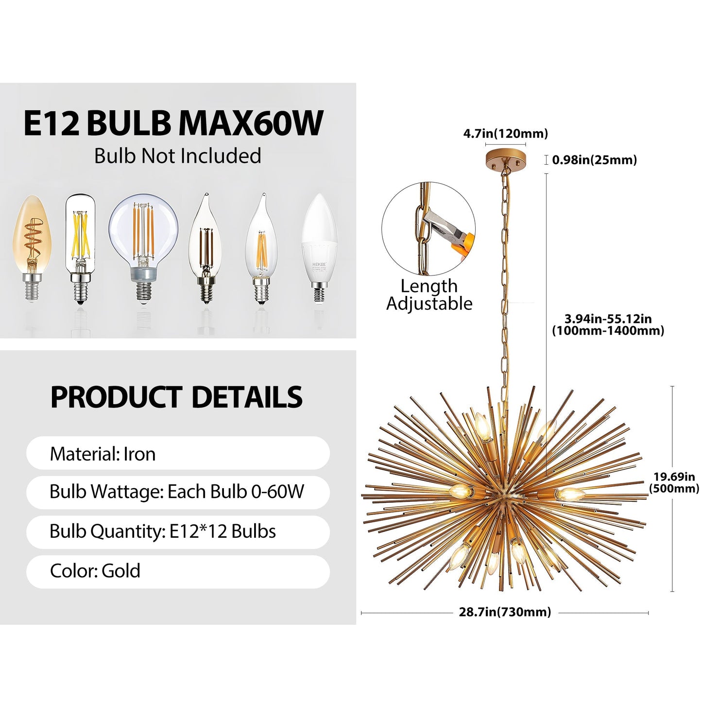 29in mid-century modern 12-light starburst chandelier with gold spokes bulbs not included on Tampa Home & Garden Store